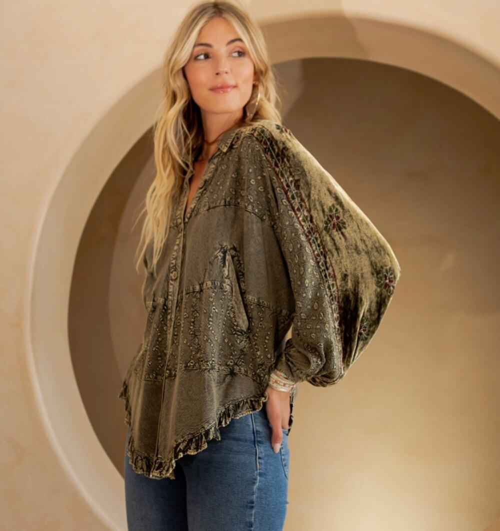 Young Threads Olive Brown Embroidered Patchwork Tunic Top XL – Artisan Boho